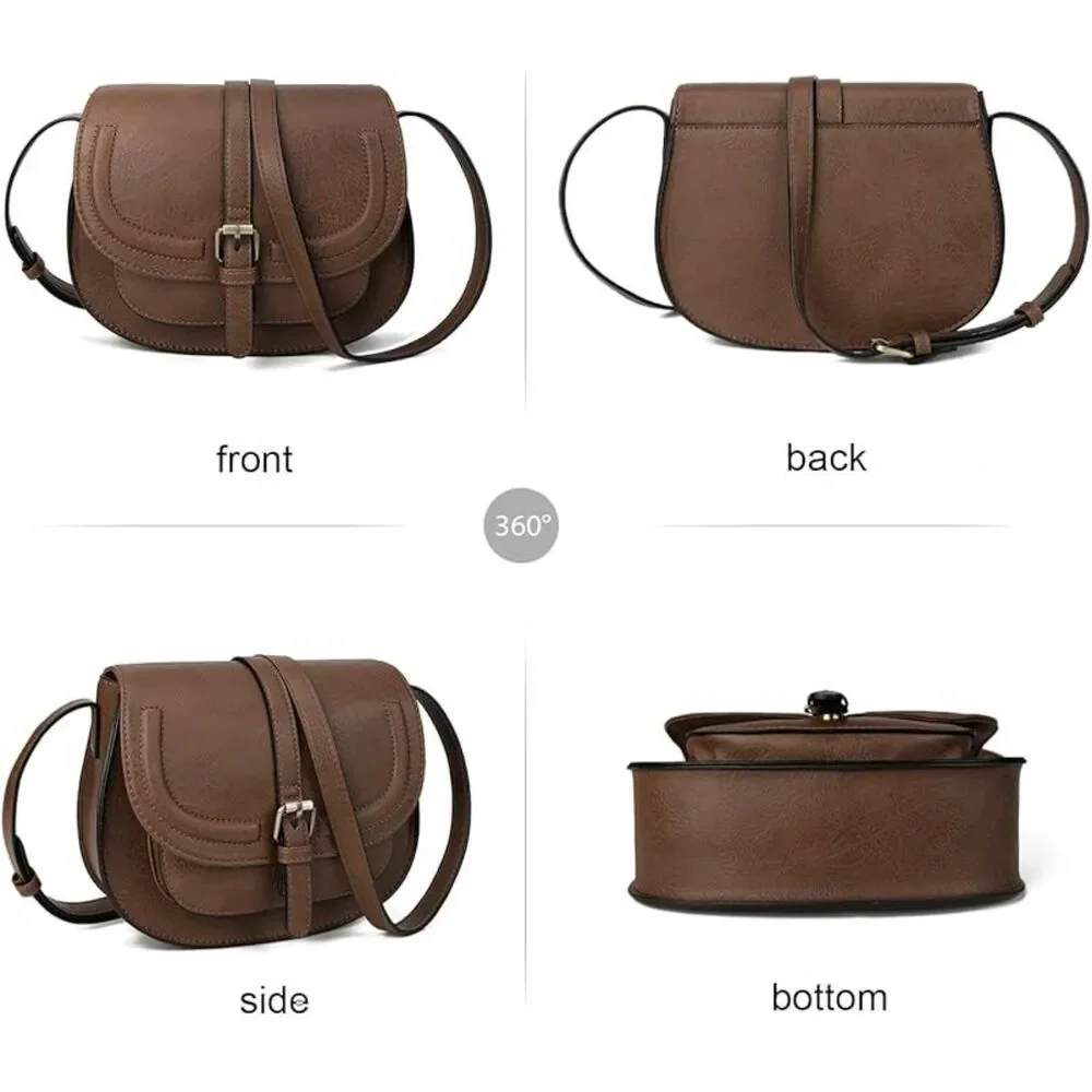 Women Dark Brown Imported Vegan Leather Small Saddle Crossbody Bags - Picture 4 of 4